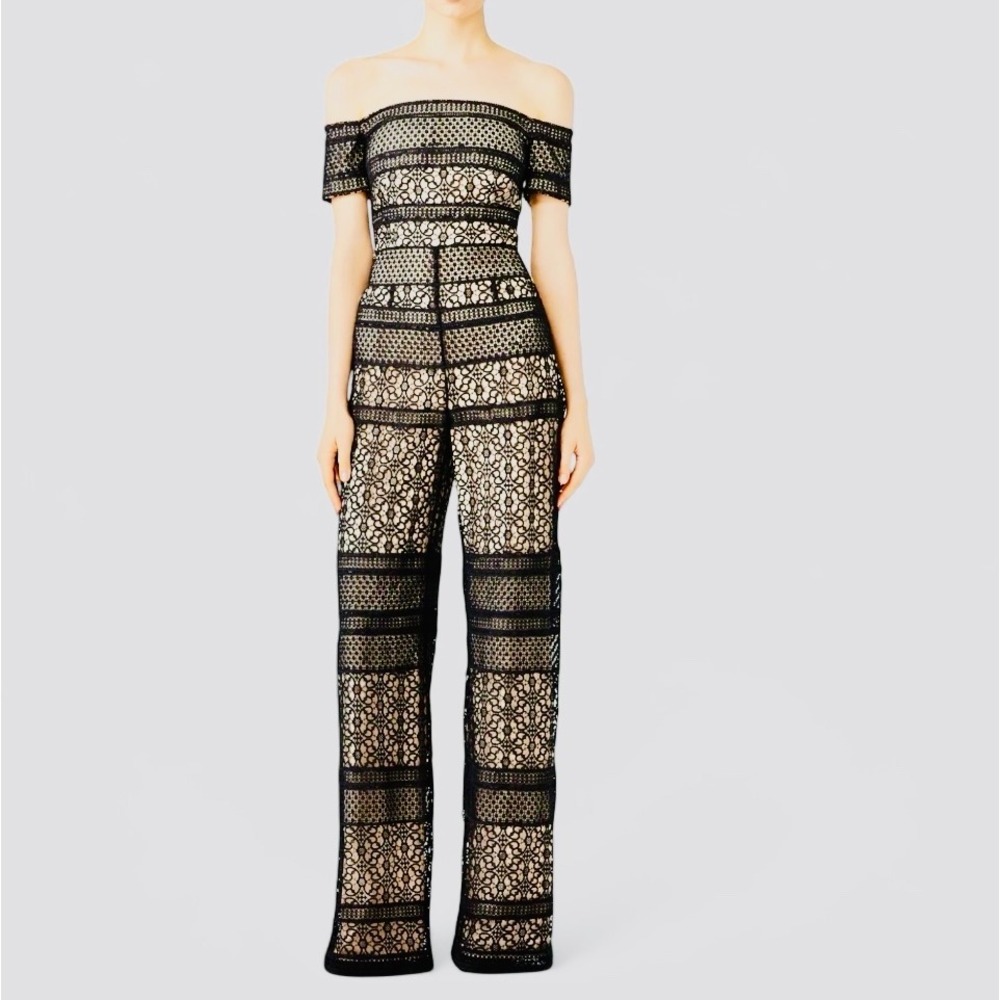 Monique Lhuillier Lace Crochet Jumpsuit Off Shoulder Unique Black Lined Sz 2 XS